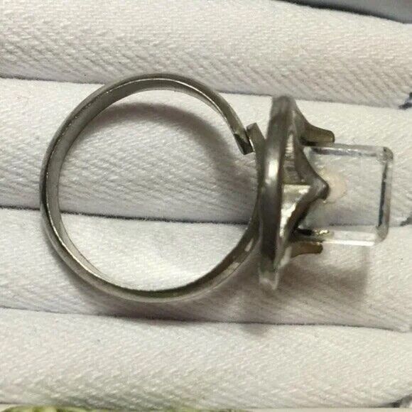 Vintage Silver Tone Blue Coated Glass Cube Ring Adjustable Band Size 7.25 - Picture 7 of 12